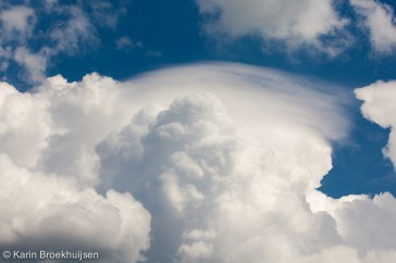 Een pileuskap, een lensvormige wolk boven een groeiende stapelwolk, een niet dagelijks voorkomende wolk.
