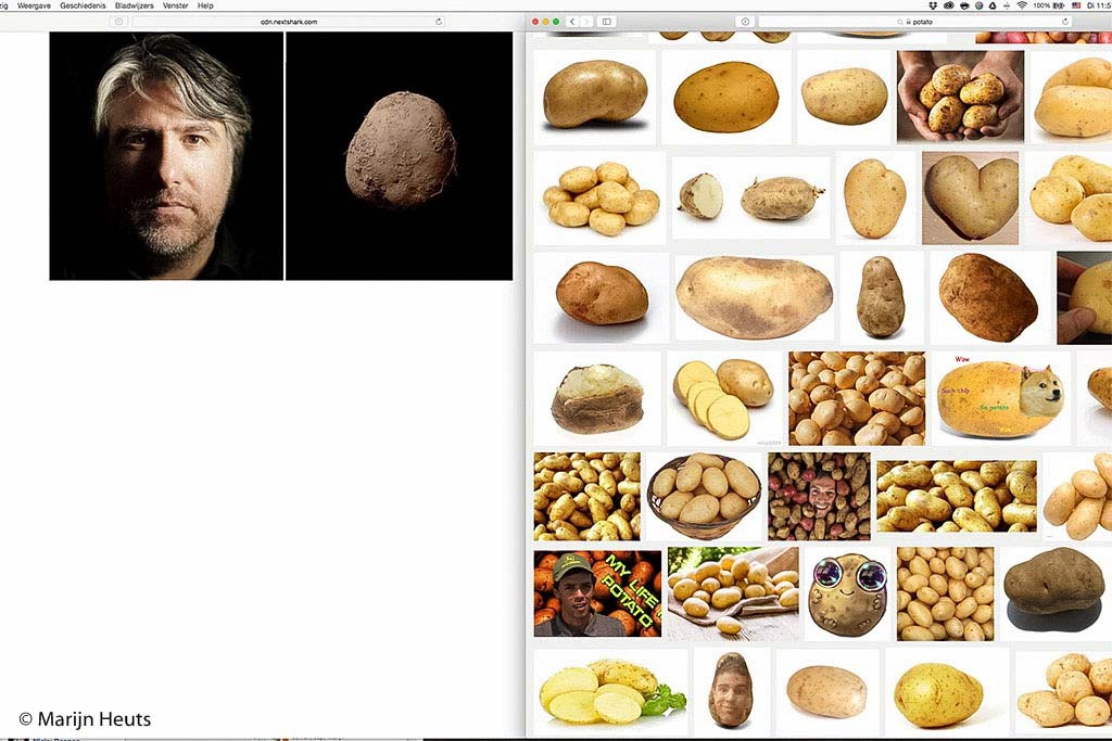 De bewuste fotograaf en de aardappel. Voor de zekerheid: de aardappel staat rechts. De fotograaf heeft zichzelf vastgelegd in de voor hem kenmerkende stijl. Weinig verheffend, niet?
