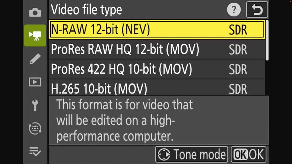 Dit cameramenu toont verschillende soorten compressie: N-Raw (Nikons eigen raw-codec); ProRes RAW; ProRes 422; en H.265.